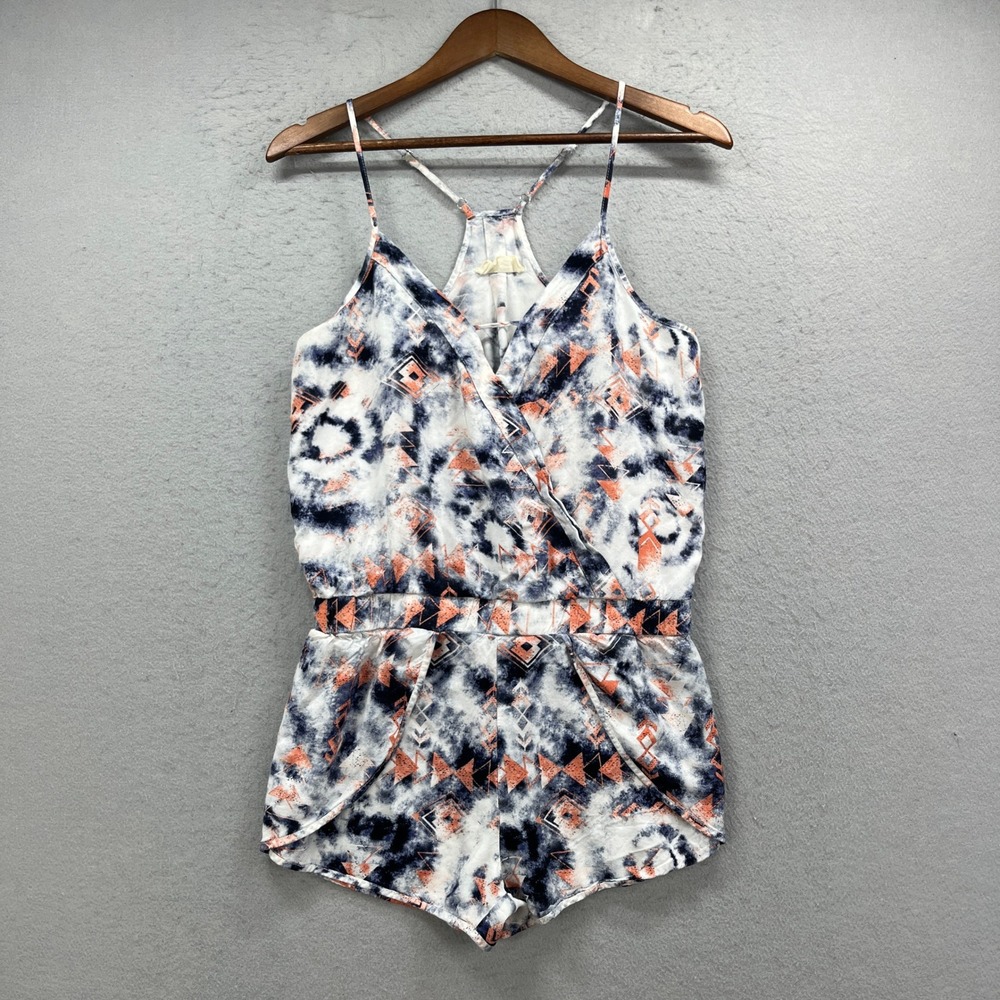 Ocean Drive Romper Womens Large Blue Tie Dye Tribal Geometric Boho Chic Vacation